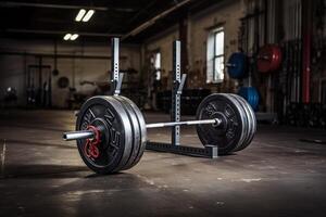 Barbell resting on squat rack in empty gym symbolizing strength training and fitness photo