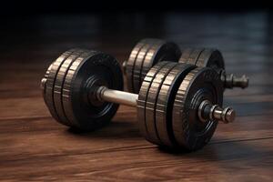 Adjustable dumbbell resting on wooden gym floor after intense workout photo