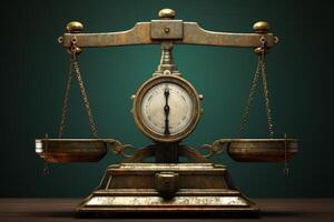 Old balance scale comparing weights on green background photo