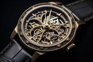 Luxury skeleton watch showing its intricate mechanism on dark background photo
