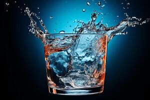 Ice cubes splashing into a glass of water creating a big splash on a blue background photo