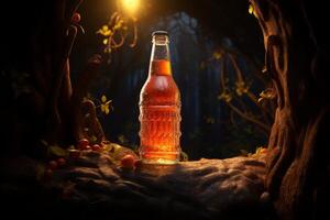 Glass bottle with a carbonated drink resting on a tree trunk in a mysterious forest photo