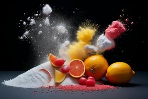 Citrus fruits exploding with colorful powder on dark background photo