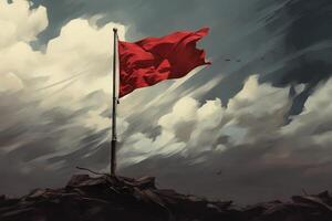 Red flag waving on a cloudy day symbolizing revolution photo