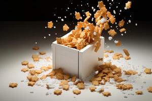 Breakfast cereal exploding from white box with sugar photo