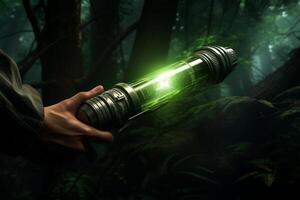 Scientist holding glowing green substance in futuristic container in forest photo