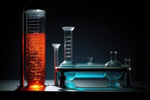 Chemical reaction experiment displaying colorful solutions in laboratory glassware photo