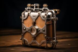 Steampunk style camera resting on wooden table embraces retrofuturistic design photo