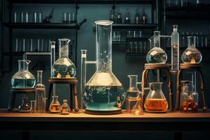 Laboratory beakers and flasks filled with colorful chemical compounds for scientific experiment photo