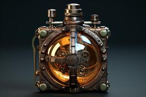 Steampunk device showing complex gear mechanism inside orange container photo