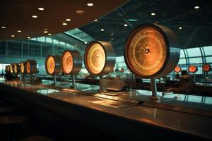 Row of illuminated analog clocks indicating time in different time zones in airport terminal photo