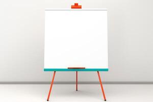Blank flip chart on easel stands in empty room ready for presentation photo