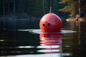 Red buoy floating on calm water surface with forest background photo
