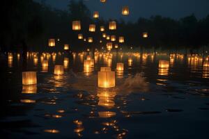 Paper lanterns floating in the water photo