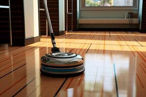 Floor buffer cleaning and polishing hardwood floor in modern room photo