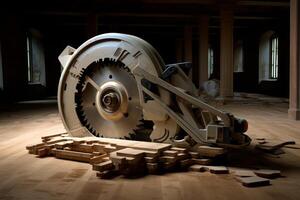 Powerful circular saw cutting through wooden planks in abandoned building photo