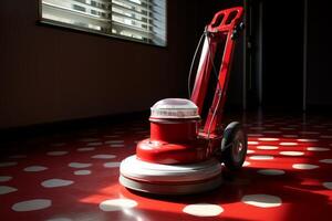 Floor polishing machine cleaning a red floor with white dots photo
