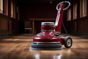 Floor buffer cleaning and polishing hardwood floor in large room photo