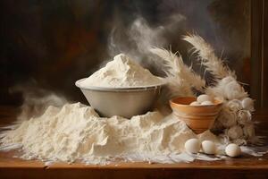 Steaming flour, eggs, and dried flowers create rustic bakery scene photo