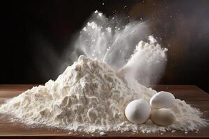 Flour exploding on wooden table with eggs, creating a dynamic baking scene photo