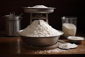 A bowl of flour sits on a table next to a measuring cup photo