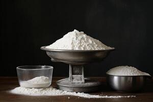 A bowl of flour, a measuring cup and a bowl of flour photo