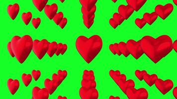 A Series of Red Heart Rotating on Green screen background. Symbol of Cardiogram and Medical diagnostics in Ultra 3D. Animated 3d Love icon video