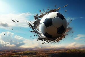 Soccer ball exploding on cloudy sky background photo