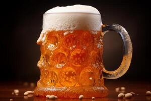 Refreshing beer overflowing with foam in glass tankard on table with peanuts photo