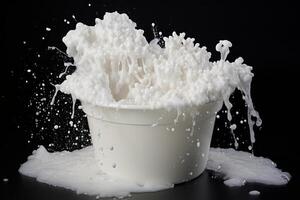 White foam exploding from a plastic bucket on black background photo