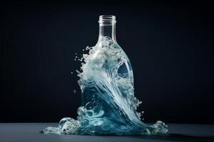 Oceanic wave splashing from glass bottle on dark background photo