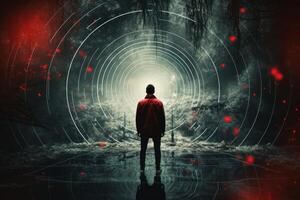 Man walking into glowing light at end of dark tunnel photo