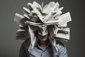 Businessman covering face with newspaper pages expressing information overload photo