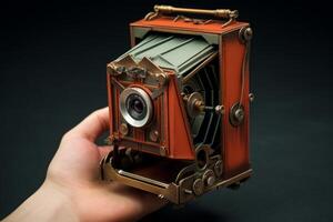 Hand holding working large format camera with bellows extended photo