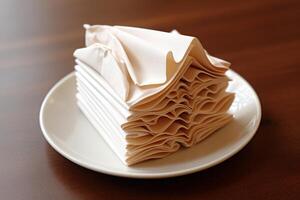 Stack of folded napkins resting on white plate on wooden table photo