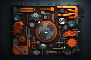 Toolkit with gears, wrenches, and hammers forming intricate design photo