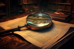 Magnifying glass focusing on books in library setting with open book and notebook photo