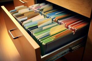 Open filing cabinet drawer showing organized files with color coded tabs photo
