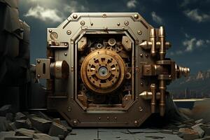 Open vault door revealing intricate clockwork mechanism and gears photo