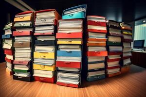 Stacks of folders and documents overflowing on office desk photo