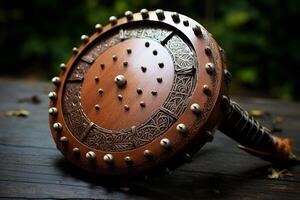 Round wooden shield with metal studs and carvings resting on table photo