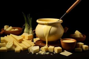 Delicious melted cheese fondue overflowing from pot with various cheeses and chives photo