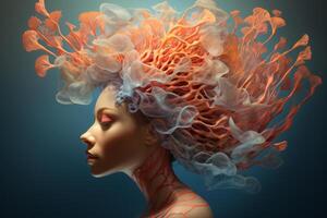 Woman with coral reef hair, surreal portrait representing nature and harmony photo