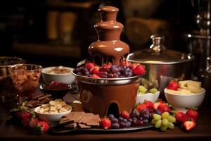 Delicious chocolate fountain dripping with melted chocolate over fresh fruit and various chocolates photo