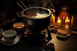 Steaming fondue pot with dipping food and candles creating cozy ambiance photo