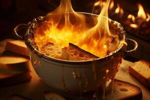 Burning croutons in a pot with melted cheese and fire in the background photo