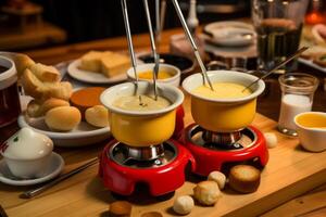 Two cheese fondues warming on a wooden table with bread and dipping sauces photo