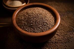 Wooden bowl overflowing with nutritious amaranth seeds on rustic table photo