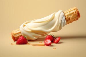 Delicious waffle cone with melted ice cream, strawberries and caramel sauce dripping on a beige background photo