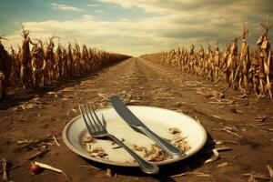 Empty plate lying on dry soil in cornfield symbolizing hunger and famine photo